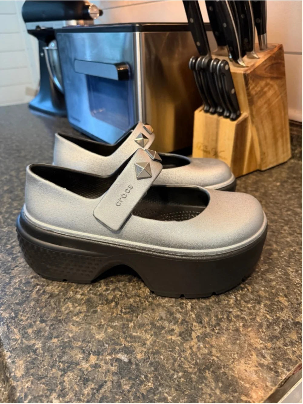 New Crocs STOMP METALLIC MARY JANE Platform Wedge Silver Shoes